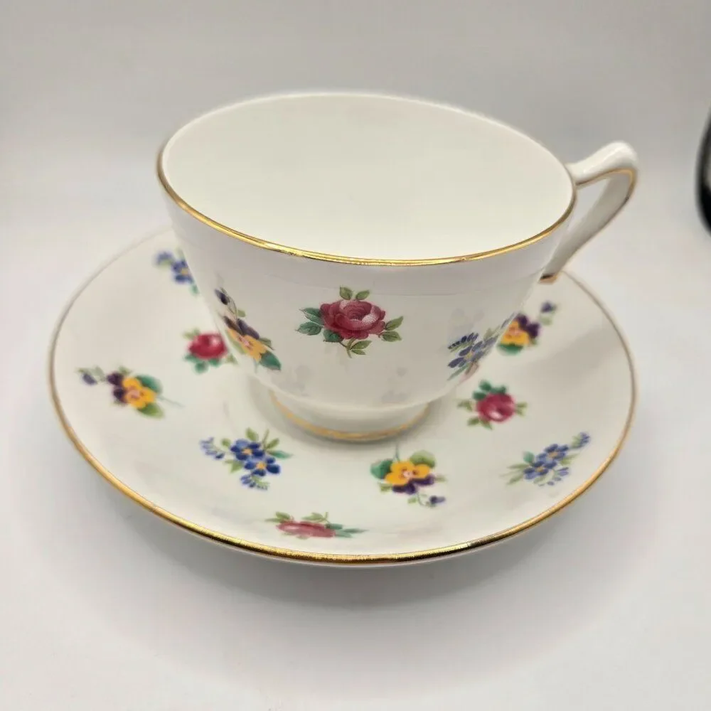 Vintage Bone China Tea Cup Saucer Crown Staffordshire England Floral Gold Trim